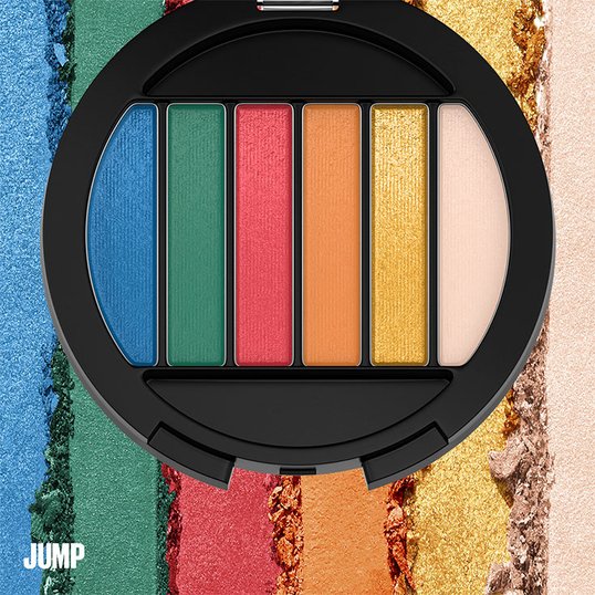 Paleta de sombras com tons frios de azul, verde, laranja e amarelo