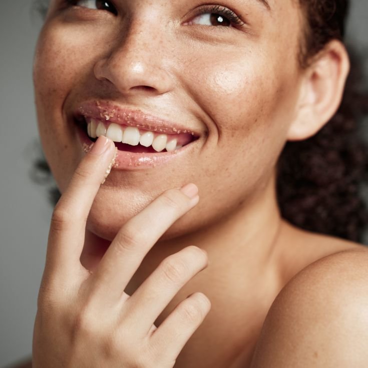 Mulher sorridente esfoliando os lábios. 