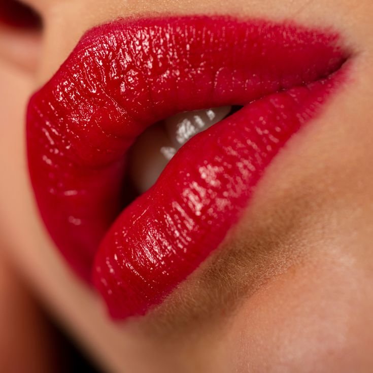 Lábios com batom líquido vermelho que pode ser usado em um lip combo com gloss labial