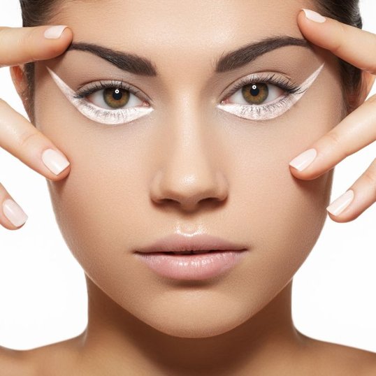 Mulher com delineador branco invertido nos olhos