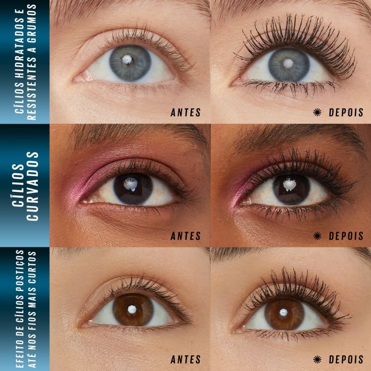 3 diferentes modelos com antes e depois da máscara de cílios Firework Eletroblack em seus cílios