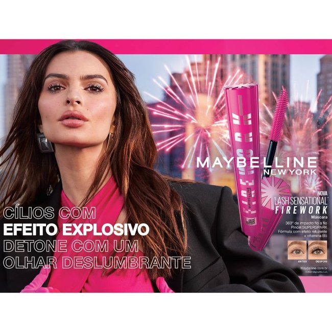 KV da máscara de cílios Lash Sensational Firework com modelo à direita e foto do produto à esquerda com textos.