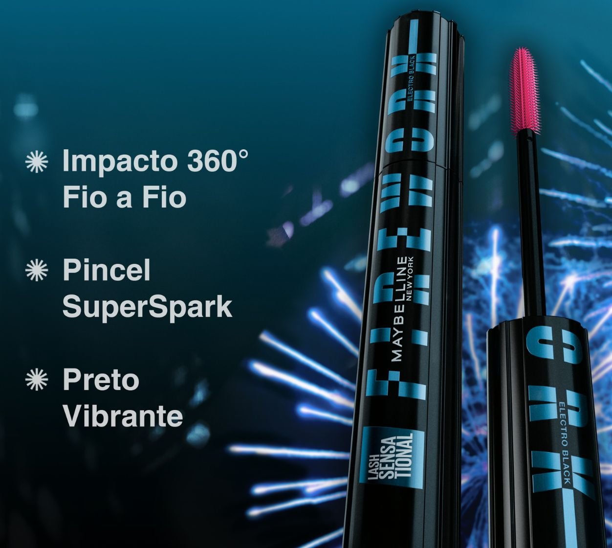 Foto da máscara de cílios Firework Eletroblack à direita com textos falando de seus benefícios à esquerda.