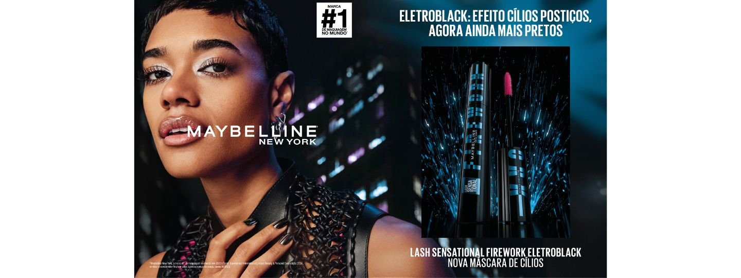 KV de Firework Eletroblack com foto da modelo da campanha e textos e foto da máscara de cílios.