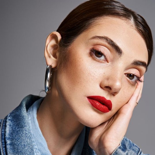 Mulher com maquiagem leve nos olhos, com blush marrom nas bochechas e batom vermelho nos lábios.