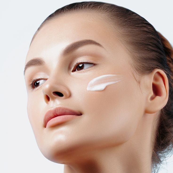 Mulher com hidratante com Vitamina E no rosto.