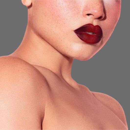 Jovem mulher com um batom matte vermelho escuro nos lábios.