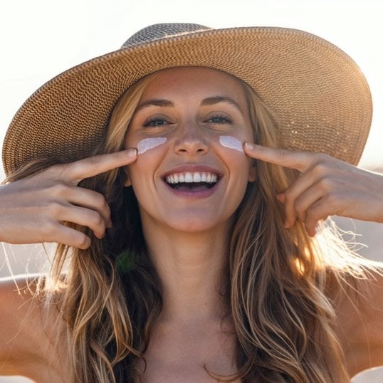 Mulher sorridente na praia usando um chapéu durante o pôr do sol com uma listra de protetor solar em cada bochecha.