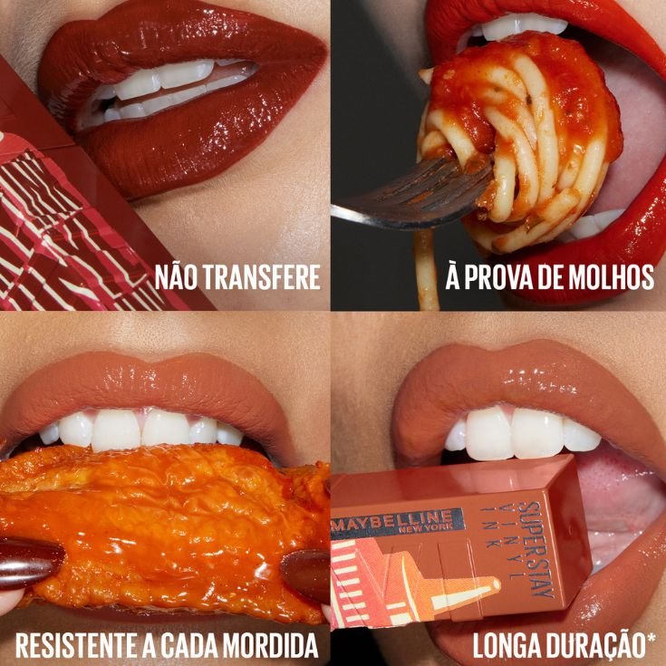 Asset com montagem de quatro fotos com boca usando cores do batom Vinyl Ink Sauce enquanto come alimentos com molho e segura o batom.