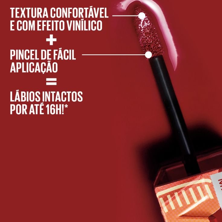 Asset com o aplicador do batom Vinyl Ink Sauce mostrando seus benefícios.