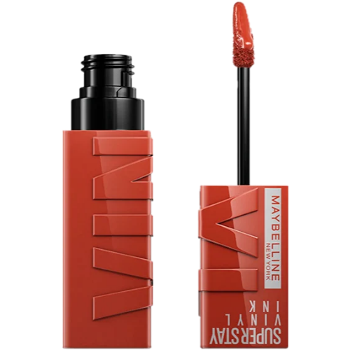 Embalagem do Batom líquido Maybelline Super Stay Vinyl Ink em tom rosado com aplicador de ponta precisa e frasco aberto.