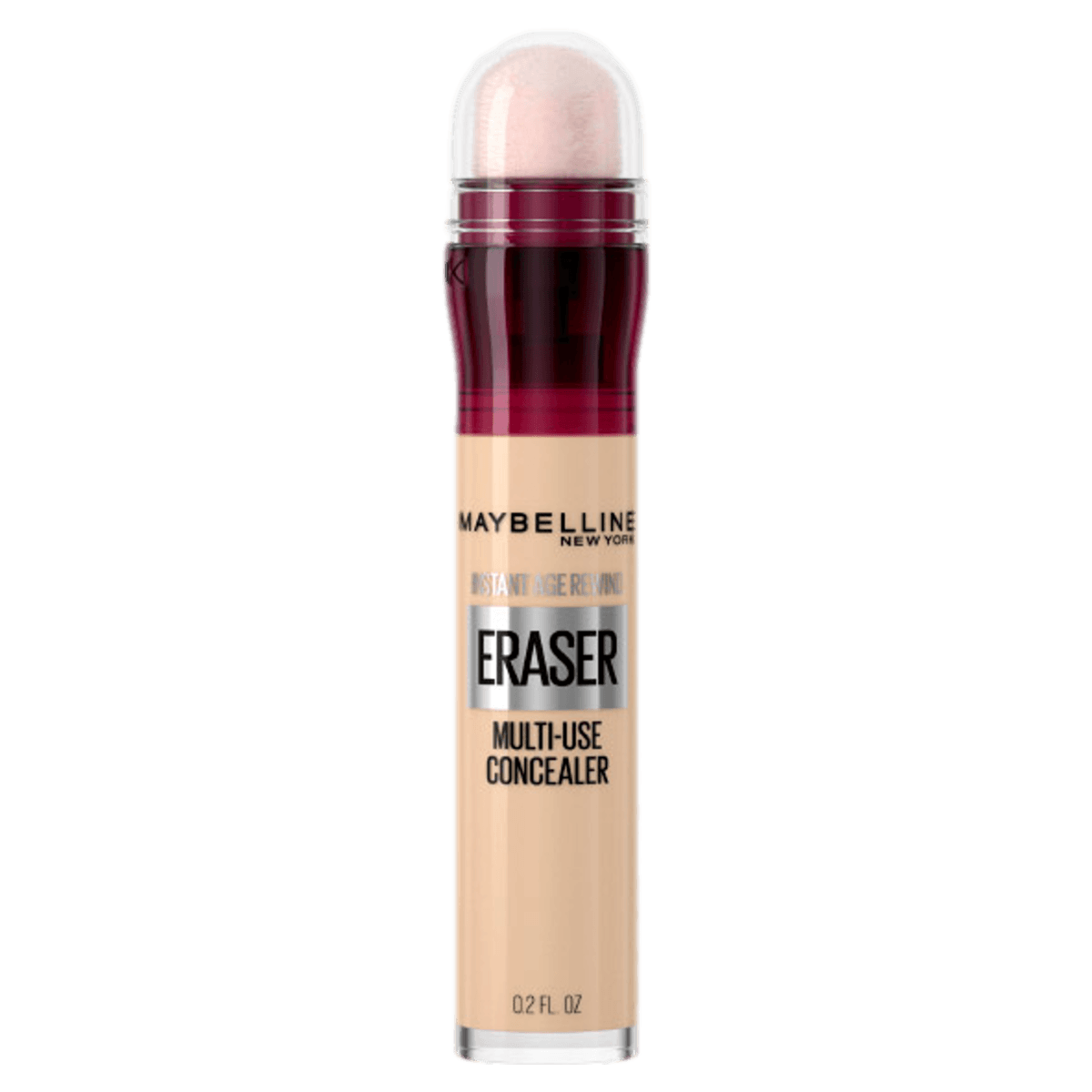 Embalagem do Corretivo Maybelline Instant Age Rewind Eraser com aplicador de esponja em embalagem roxa e prata de 0.2 fl oz