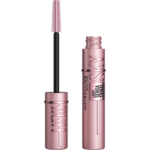 Embalagem do Rímel Maybelline Sky High Lash Sensational em embalagem rosa com escova flexível Flex Tower aberta.